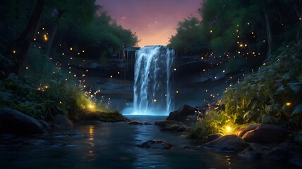 Magical Waterfall Surrounded by Fireflies at Twilight
