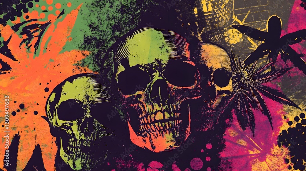 Poster psychedelic skull skeleton digital with neon splatter paint effect