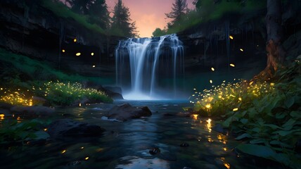 Twin Waterfalls Glowing Under the Evening Sky in a Mystical Forest
