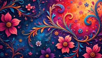 Abstract swirling floral batik pattern in vibrant hues, java, bright