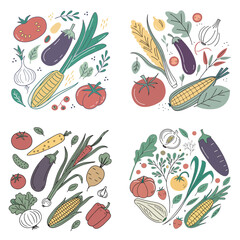 Hand-drawn colorful vegetables and salad. Modern abstract minimal style. Healthy organic food vector flat illustration. Tomatoes, onion, zucchini, eggplant, leek, potatoes, corn, peppers, beet.