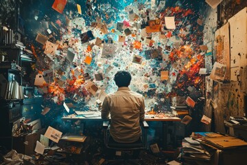 Man immersed in creative imagination, office desk exploding into floating advertisements and ideas