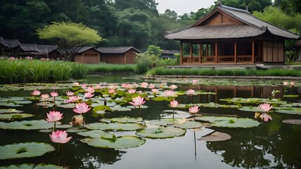 Serene Japanese Zen Garden with a Beautiful Lotus Pond
