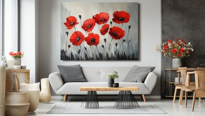 Modern living room featuring a large canvas painting of vibrant red poppies.