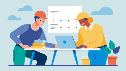 Two workers huddled over a table studying a set of drawings and discussing project timelines.. Vector illustration