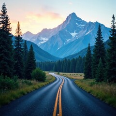 Naklejka premium Asphalt ribbon winds through majestic conifers, mountain backdrop , perspective, breathtaking