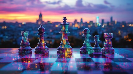 Chess pieces on reflective surface.
