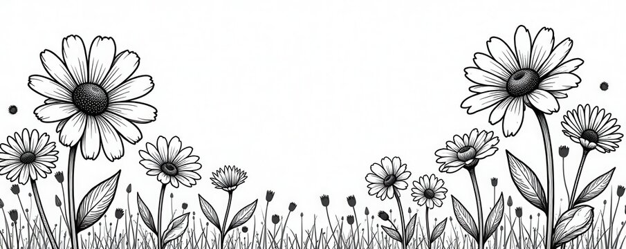 Bold outline daisy coloring pages, playful patterns, outline, botanical