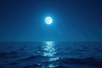 Bright full moon illuminates tranquil blue ocean under starlit night sky , sea, sky, serenity