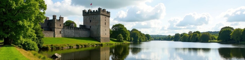Carew Castle's majestic exterior overlooking the tranquil river , panorama, sunlight, view