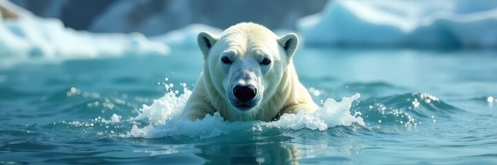 Captive polar bear, powerful reflex action in icy water , wildlife photography, climate change