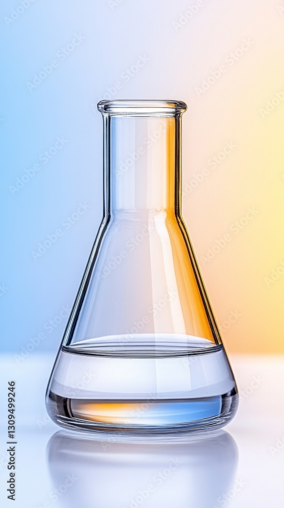 Poster clear glass erlenmeyer flask with a small amount of liquid, set against a blurred blue and orange ba