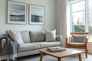 Modern living room featuring a light beige couch, wooden coffee table, and framed art. Natural light streams through large windows.