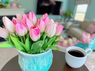 Pink Tulips and a cup of coffee inside a cozy home 