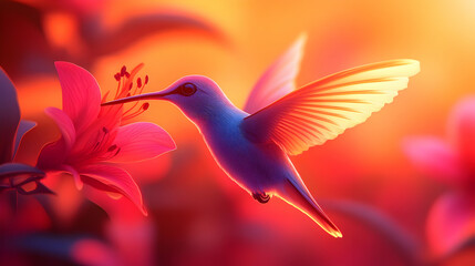 Hummingbird Feeding On A Pink Flower During Sunrise