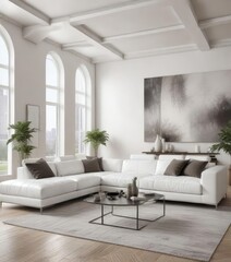 White leather sectional sofa in a spacious living room, big, family room, comfortable