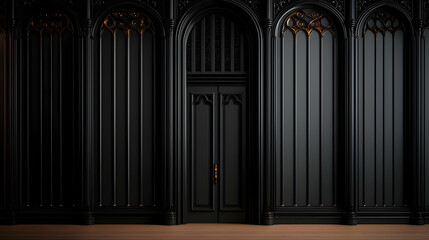Fototapeta premium Elegant Gothic Interior With Black Wooden Door And Vertical Panels