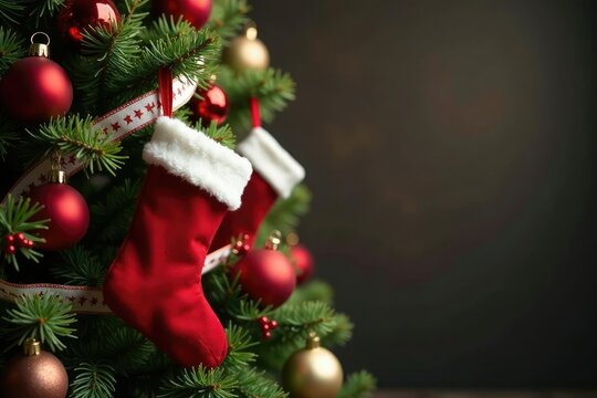 White star-patterned ribbons wrapped around the branches of a fir tree featuring hungred red Christmas stockings, ornaments, Christmas, holly