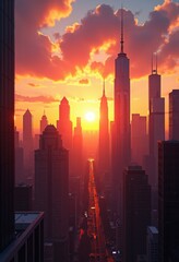 Naklejka premium dynamic city skyline sunset featuring vibrant hues purple silhouette tall buildings clouds, orange, pink, twilight, horizon, architecture, urban