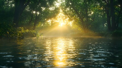Bright sunlight beams through trees over tranquil river water