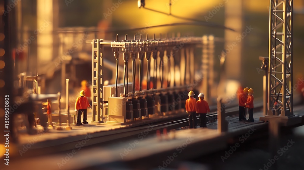 Poster a panoramic view of an electricity grid station, showing engineers in the background with a blurry e