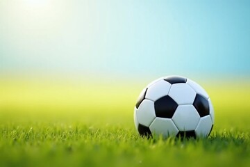 Fototapeta premium Soccer Ball on Green Grass Under a Clear Sky, Perfect for Sports Themes