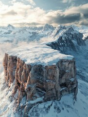 A picturesque mountain top at dawn with mist, snow and rocky terrain.