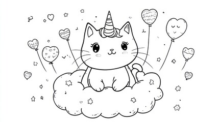 Cute unicorn cat on cloud with balloons coloring page