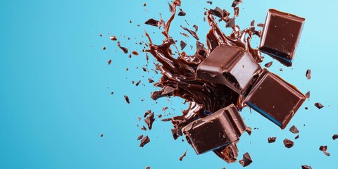 Fototapeta premium Velvety chocolate explosion frozen mid-air on an electric blue background