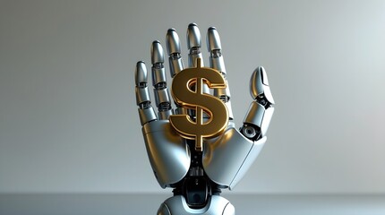 a robot hand is holding a golden dollar sign, space for copy