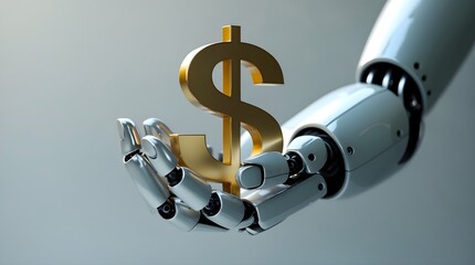 a robot hand is holding a golden dollar sign, space for copy