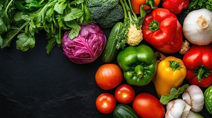 Colorful healthy produce on a black background, ideal for culinary themes and food stock photos.