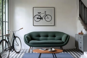 Modern living room featuring a teal sofa, bicycle, and framed artwork.