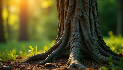 Obraz premium Contorted pine trunk, deep furrows, sunlit bark, close-up, bent