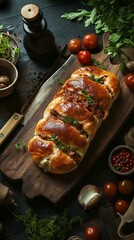 savory stuffed bread with herbs and tomatoes on wooden board