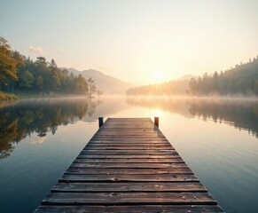 Naklejka premium Wooden dock with reflection on serene morning lake, natural beauty, calm lake, peaceful surroundings