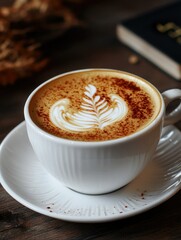 Handcrafted coffee beverage with swirly design on surface.