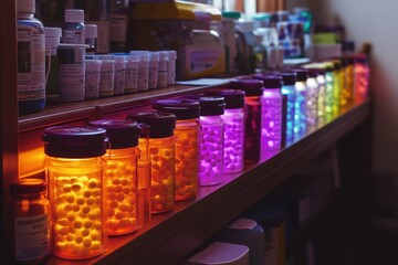 Colorful Medicine Jars with Light Display in Pharmacy Setting