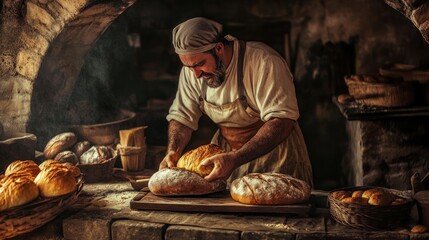 Artisanal baker crafting golden loaves in rustic oven, showcasing tradition