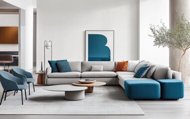 Modern living room featuring sectional sofa, accent chairs, and coffee table.