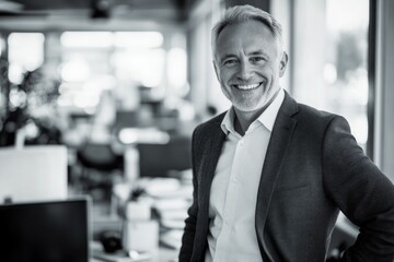 Smiling man standing in an open-plan office.
