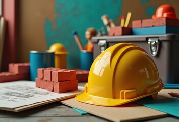 close image featuring dynamic arrangement essential construction tools colorful building materials art design inspiration, equipment, hammer, drill