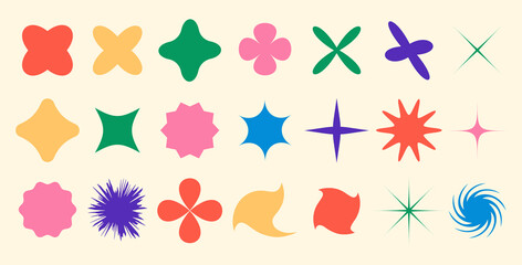 Retro brutalism shapes and symbols in various abstract geometric with stars, floral, swirls, and decorative elements Set. Suitable for graphic design, branding, logos, and digital.Vector illustration
