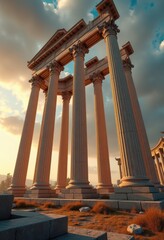 Fototapeta premium majestic ancient columns surrounded dramatic cloudy highlighting architectural grandeur cultural heritage, architecture, background, historical, structure