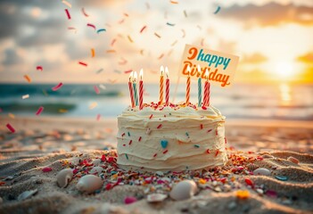 Birthday Cake on Beach with Candles and Confetti at Sunset