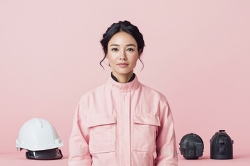 professional wearing safety gear poses confidently against smooth solid-colored backdrop conveying expertise and assurance