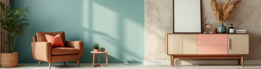sunlit living room with brown leather armchair and coral pillow