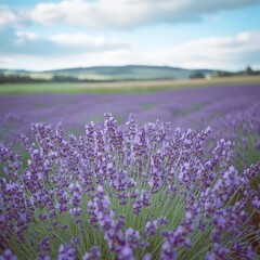 Obraz premium A serene lavender field stretches under a blue sky, showcasing vibrant purple flowers against a backdrop of distant hills.