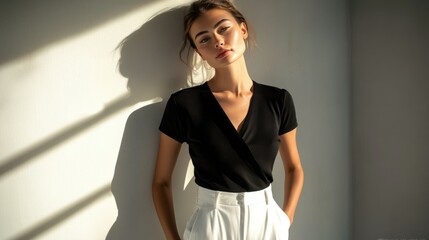 Obraz premium Portrait of a young, fashionable woman with an outfit featuring high waisted pants and a graphic black and white top. Shadow play adds depth to the sunlight image.