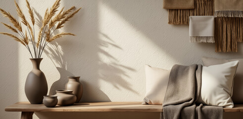 dried flowers in a vase and neutral-toned pillows on a wooden bench